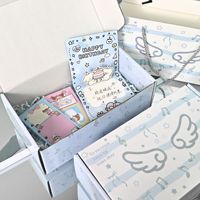 Coffret Cadeau Ailes d'Ange Bleu Clair avec Sac Cadeau Assorti Rayé Étoile Note de Musique – Emballage Portable pour Anniversaire et Baby Shower