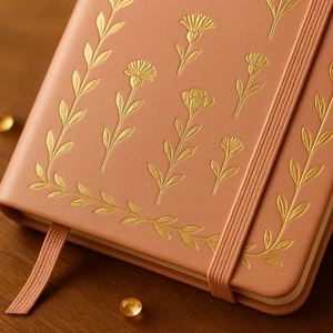 Coral Pink Flower 160gsm PU Leather <b>Journal</b> Gold Foil Hardcover A5 Notebook with Double Ribbon Gift Sewing Binding - Product Image 4
