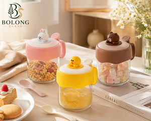 Pot en verre personnalisé avec logo, 180 ml, créatif, petit, mignon, en forme d'<span class=keywords><strong>animal</strong></span> (lapin, ours, canard), avec cuillère et poignée, pour épices et aliments, emballage Bolong - Product Image 1