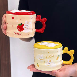 Cute Rabbit <b>Ceramic</b> <b>Mug</b> With Lid And Handle Red Pink Yellow Cartoon Design For Coffee Tea Spring 2025 Gift Cup - Product Image 2