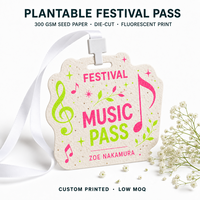 Badge de festival personnalisé en papier semence, passe événementiel musical plantable avec impression fluorescente et cordon pour festivals aux États-Unis, faible MOQ