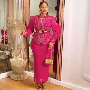 S10359 Luxury Plus Size Women Shirt Set <strong>Heavy</strong> Rhinestone Bead Top and Skirt Set Two Piece African Party Outfits for Women - Product Image 1