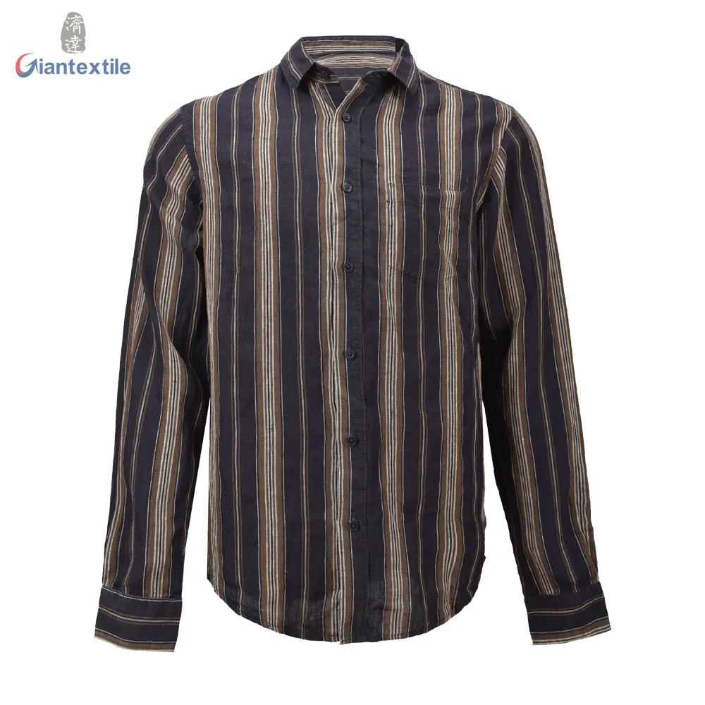 Men's Shirt 100% Linen Black And Brown Stripe Long Sleeve Classical Shirt For Men