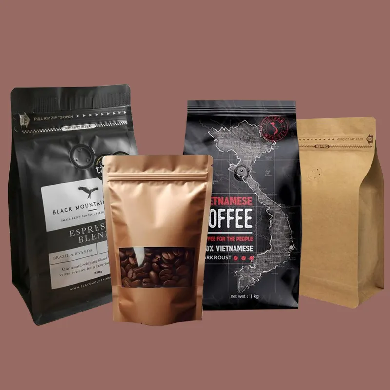 Oem Custom Logo Verpackung Geröstete Kaffeebohnen Quadratischer Beutel Eis kaffee Instant pulver Getränk Kaffee Verpackung Kraft papiertüte