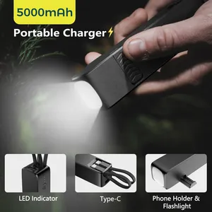 2024 New Portable Mini Power Bank LED Flashlight 5000mah Power Banks With Type C Charging Cable Small Emergency Pocket Charger