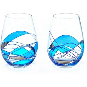 HGCH 21oz soufflé à la bouche peint à la main Mediterrani Blue line verre à vin sans pied avec tourbillon bleu - Product Image 1