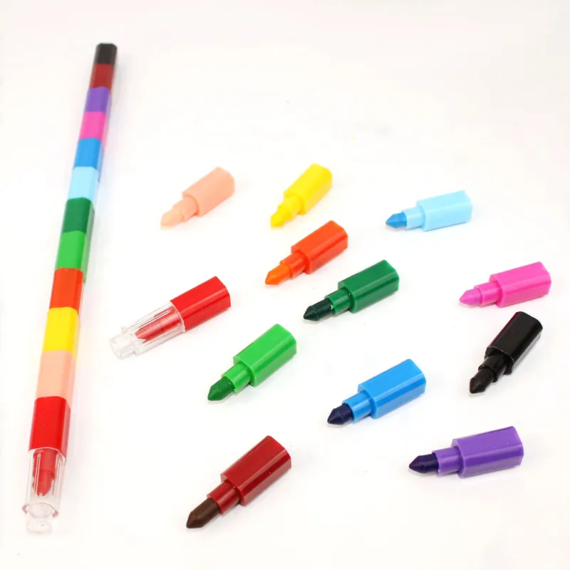 Melhor quantidade de segurança 12 em 1 crianças 12 cores plástico destacável empilhável crayons para crianças pintura