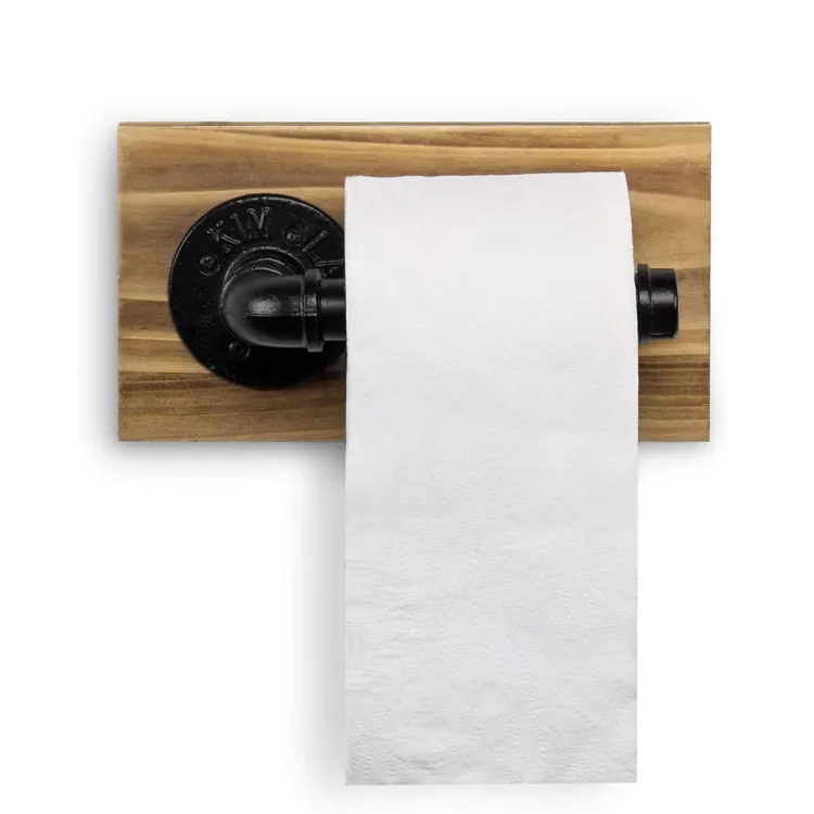 Rustic Dark Brown Wood Industrial Metal Pipe Wall Mounted Toilet Paper Roll Holder Dispenser