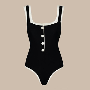 Traje de Baño de Una Pieza para Mujer, Negro y Blanco en Contraste, Cuello Cuadrado, Tirantes Anchos, Control de Abdomen, Venta al por Mayor, Ropa de Playa OEM - Product Image 6