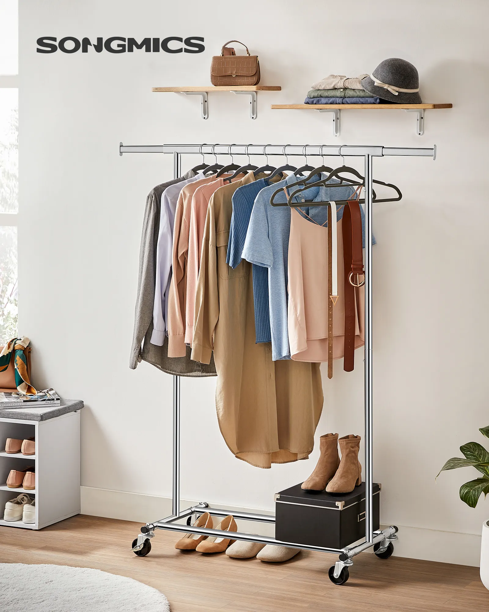 VASAGLE Heavy Duty Clothes Rail roupas portáteis estendal com extensível Hanging Rail secagem rack roupas com rodas