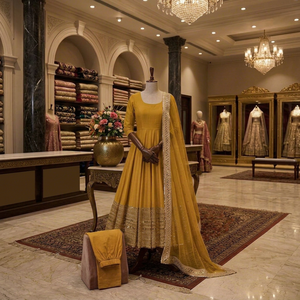 Ensemble Anarkali brodé jaune moutarde avec dupatta, longueur cheville, tenue traditionnelle indienne et pakistanaise pour femme - Product Image 1