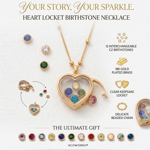 <b>Heart</b> <b>Locket</b> Crystal Rhinestone Necklace | 18K Gold Plated Brass Pendant Necklace Interchangeable CZ Charms Beads for Women - Product Image 1
