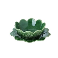 Export Portugal, Vaisselle au design moderne et minimaliste, motif plante flottante, couleur vert sous glaçure, forme de feuille, Assiette, Bol, Bol à dessert