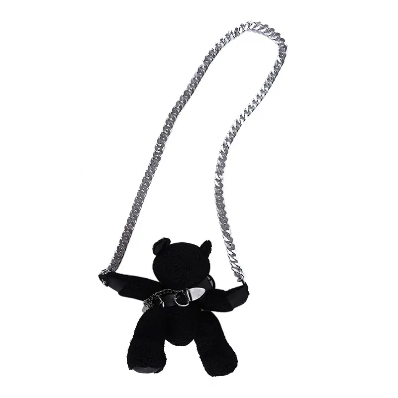 Bolso con cadena de metal de oso negro para mujer, bandolera de hombro a la moda, de cuero, nuevo diseño