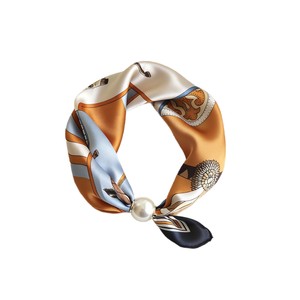 Silk <b>Square</b> <b>Scarf</b> With Horse Print Pearl Pendant Magnetic Closure Spring Summer Fashion Women's Accessory - Product Image 3