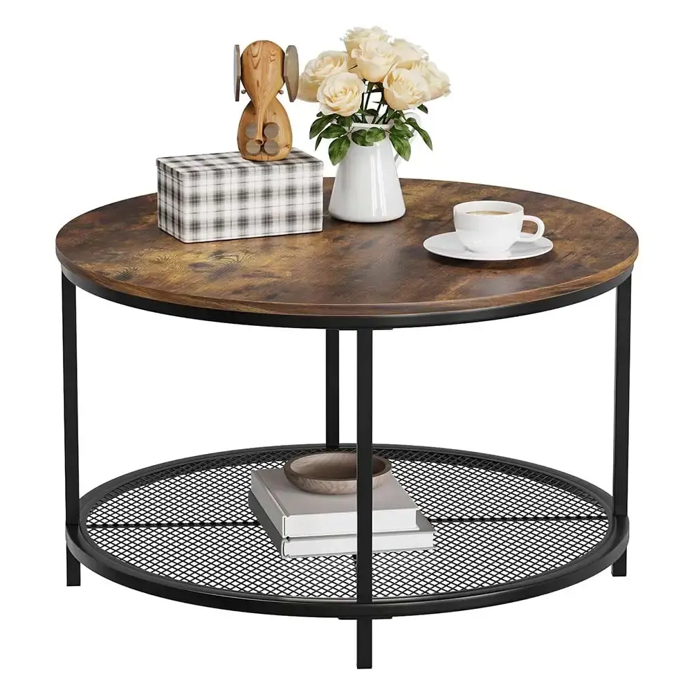 NBHY Tables basses circulaires industrielles à 2 niveaux avec étagère de rangement ouverte Table basse ronde 31.5 "avec pieds en métal pour le salon