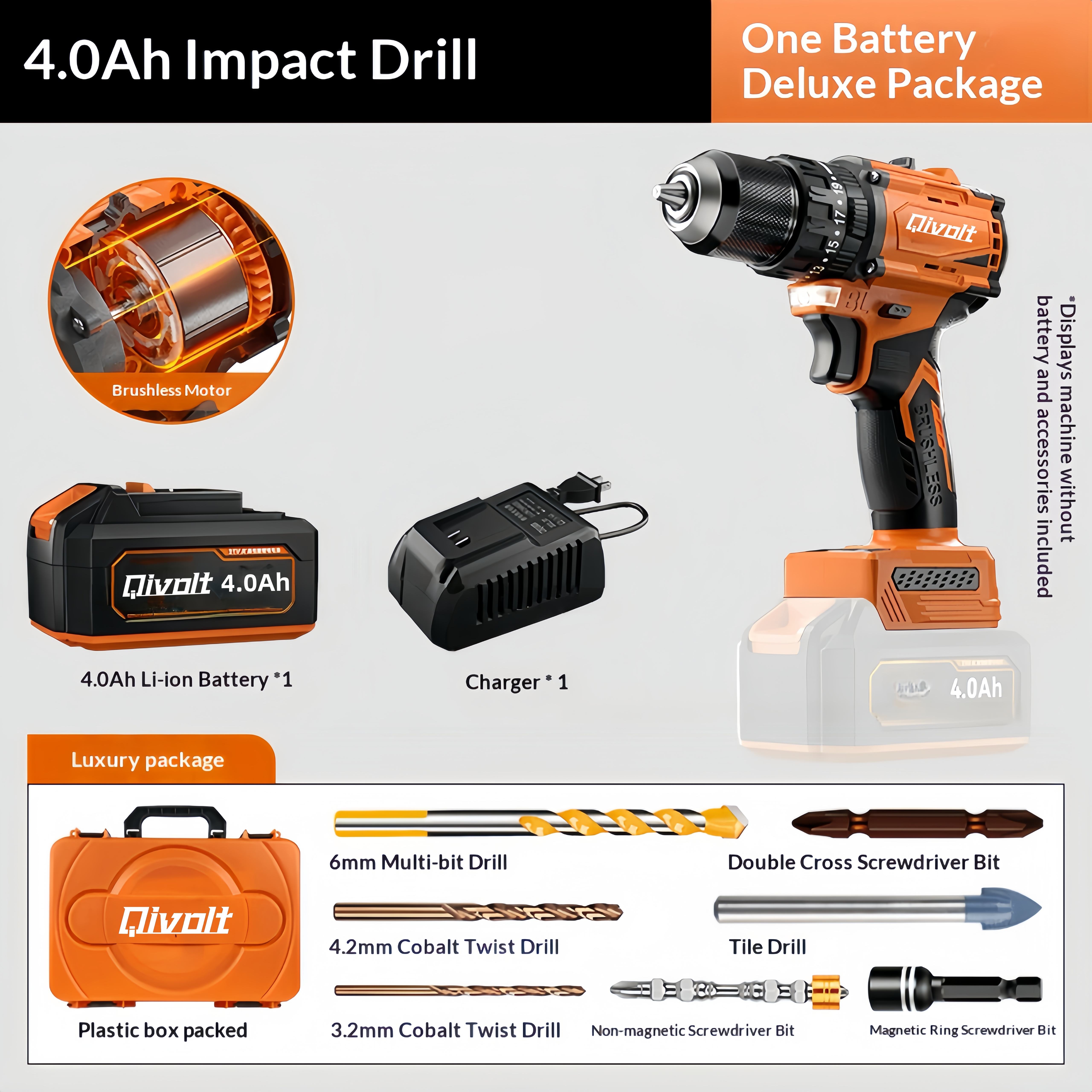 (Orange)Smart Drill with 1pcs 4Ah battery & charger