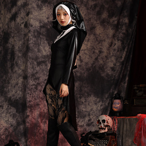 Stock disponibile Black PU Nun Costume <span class=keywords><strong>Sexy</strong></span> costumi di Halloween chiesa vestito Cosplay religioso - Product Image 4