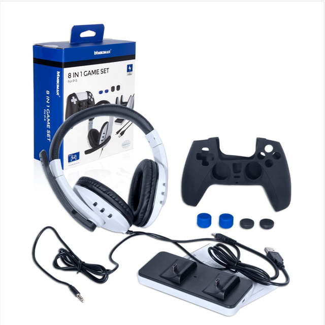 DOBE Original 8 in 1 Game Combo Set for PS5 Charging Dock Headset Cable Thumb Grips for PS5 Controller