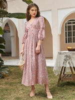 Boho Ditsy Floral couvert col en V bouton trois quarts évêque manches taille haute une ligne longue Maxi robe 2021 robes pour les femmes