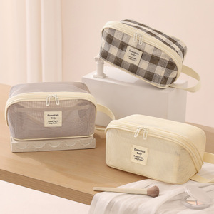 Mesh Makeup Bag Rectangle Light Purple Off White Toiletry Storage Travel Cosmetic Organizer Essentials Only Label - Product Image 2