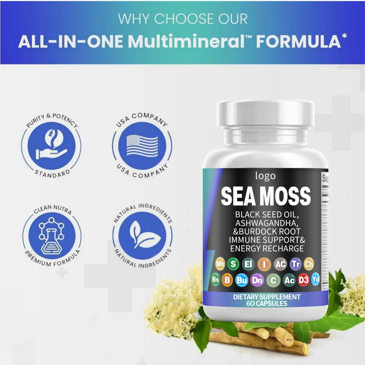 Soutien immunitaire Mousse de mer organique naturelle + capsules Shilajit Emballage combiné pour hommes et femmes
