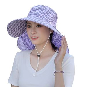 Sombrero de pescador a cuadros grande de moda para verano con cubre cuello, protección solar, transpirable, plegable, para playa y exteriores, para mujer. - Product Image 1