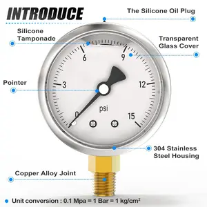 Stainless Steel Single Scale FACE DIAL Glycerin Filled Pressure Gauge Water Oil Air Lower Mount Hex Bushing