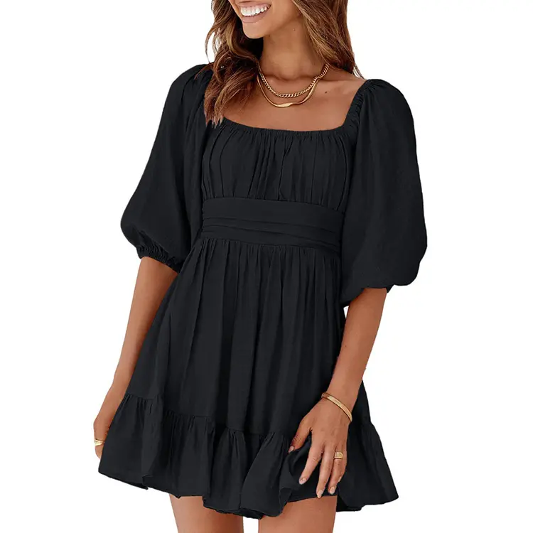 Womens Summer Dresses Square Neck Lantern Sleeve Tie Backless Ruffle A-Line Casual Dress