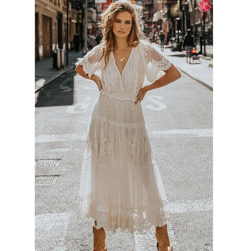 2023 New Style Romantic Elegant Street French White Lace V-neck Ruffler Short Sleeve Dress