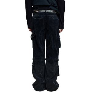 Pantalones Cargo de Hombre de Algodón 100% de Pana, de Pierna Recta, Estilo Urbano, con Detalles Personalizados, Lavado Negro, Venta al por Mayor - Product Image 4