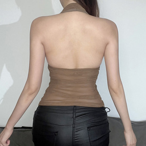 New Women's Sexy V-Neck Halter Neck <strong>Strapless</strong> <strong>Top</strong> <strong>with</strong> Mesh Ruffles Vest Fashion - Product Image 4