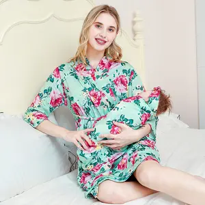 M2158 Zwangerschaps Gewaad Bijpassende Baby Inbakeren Zwangerschaps Gewaad Bedrukt Baby Deken Hoofdband Driedelige Set Vrouwen Jas Nachtkleding