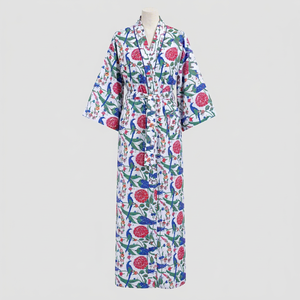 Floral Bird Print Lightweight Floor Length <b>Kimono</b> Dress Long Sleeve Woven Women Boho Vacation Holiday Wear - Product Image 1
