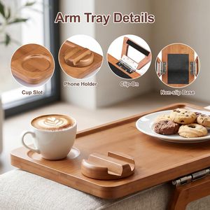 Plateau de canapé en bambou avec support de téléphone rotatif à 360°, plateau à clipser sur l'accoudoir du canapé, table d'appoint antidérapante pour boissons et collations - Product Image 4