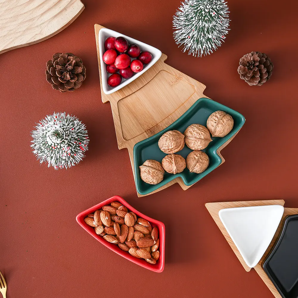 Piattino natalizio piatti da frutta piatti da tavola piatti da Dessert Snack con vassoio in bambù a forma di albero piatto per albero di natale