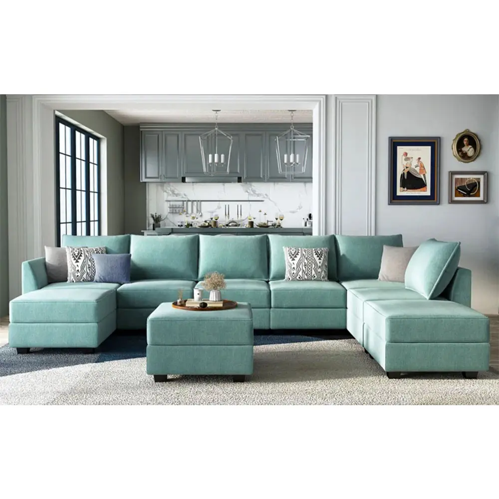 Top Grade Large Manual Assembly Green Ottoman Cheap Sofa Set Home Furniture Velvet U Shaped Sectional Couch Home Sofa For Villa