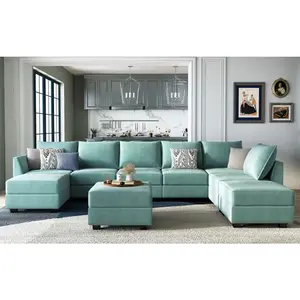 Conjunto de sofá otomano de terciopelo en forma de U para el hogar, mueble Seccional de gran tamaño, de calidad superior, color verde, barato, para villa