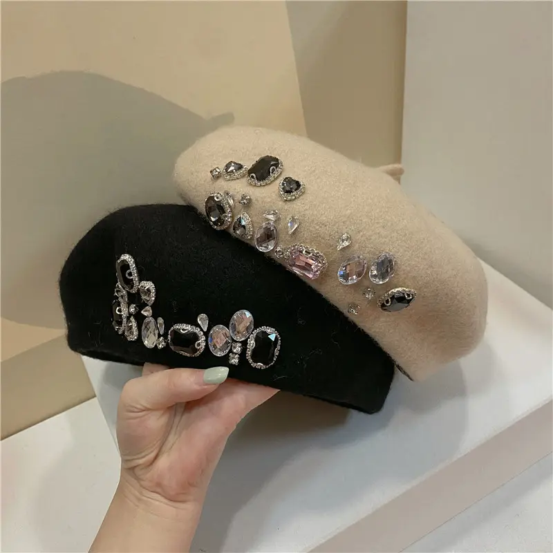 Gorra de pintor de lana de estilo coreano para mujer, boina de diseñador con diamantes de imitación de cristal de Cachemira de lujo para Otoño e Invierno