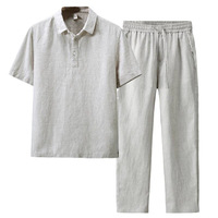 Ensemble d'été deux pièces en lin pour homme : Polo respirant style chinois à manches courtes, col rabattu et cordon élastique