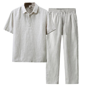 <span class=keywords><strong>Completo</strong></span> Estivo da <span class=keywords><strong>Uomo</strong></span> in <span class=keywords><strong>Lino</strong></span>, Stile Cinese, Traspirante, con Polo a Maniche Corte, Colletto Rovesciato e Elastico con Coulisse, Due Pezzi - Product Image 1