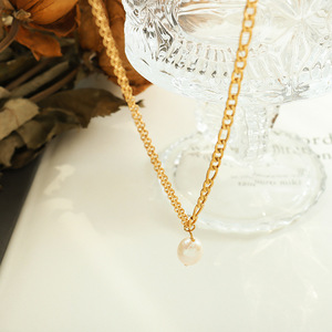 PVD 18K Gold Plated Stainless Steel Figaro Chain with Freshwater Pearl Pendant <b>Choker</b> Necklace | Hypoallergenic & Waterpoof - Product Image 3
