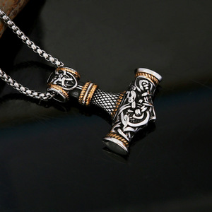 yunnique Thor's Hammer Pendant Stainless Steel Necklace Two Tone Gold 60cm <b>Chain</b> Viking Style Men's Jewelry Gift - Product Image 3