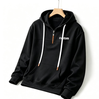 Sweat-shirt à capuche mi-zippé décontracté pour homme, 100 % coton, noir, avec poche kangourou, idéal pour l'hiver