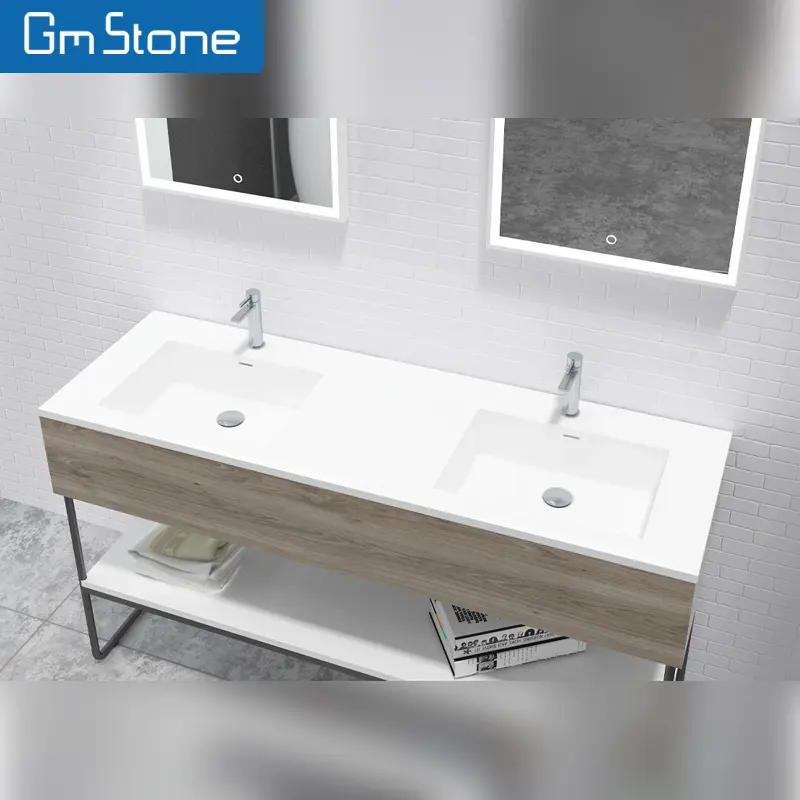 Pia de banheiro luxuosa GM de superfície sólida retangular branca elegante para lavar as mãos novo design de montagem sanitária na parede