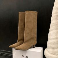 Bottes d'hiver pour femmes en cuir véritable à bout pointu et talon fin, hauteur genou