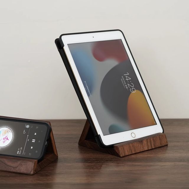 Solid Brown Walnut Wood Multifunction Single-Tier Stand Tablet Smartphone Stable Display Holder Office Desk Home Studio
