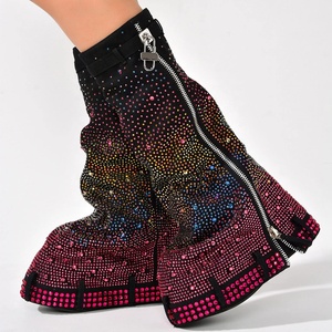 Denim Metallic Lock Shark Long Boots Thick Soles Knee High Booties Women <b>Round</b> <b>Toe</b> Zipper Bling Diamonds Shoes for Lady - Product Image 4