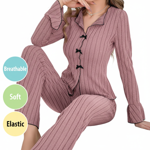 Conjunto de Pijama de Punto Premium para Mujer, Elegante, Sólido, de Manga Larga, Ropa de Dormir Suave con Detalle de Lazo, Conjunto de Dos Piezas - Product Image 1