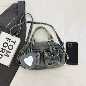 Sac en jean femme Y2K Vintage gris Jean sac à main et sacs à main bandoulière sacs à bandoulière rétro grande capacité fourre-tout avec miroir <span class=keywords><strong>coeur</strong></span> - Product Image 2